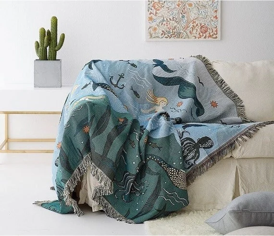 Mermaid Gift For Girl Blue Sea Sofa Throw Blanket. Travel Woven Tapestry Rug Throw. Christmas Room
