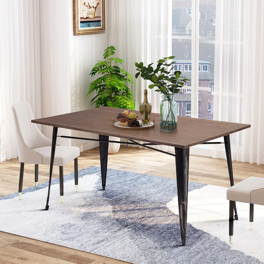 Antique Rectangular Dining Table with Metal Legs, Distressed Black