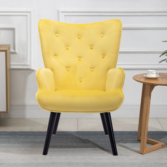 Modern Leisure Chair Velvet Padded Seat Recessed Arms Accent Chair Living Room/Bed Room Button Tufting Back with Wood Feet