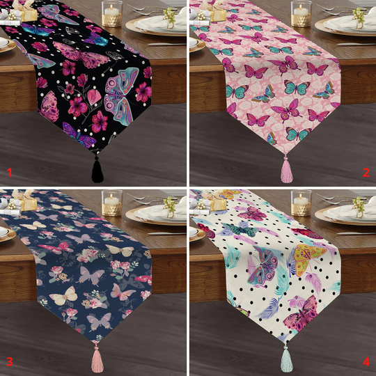 Butterfly Triangle Runner, Table Sheets Inspired By Nature, Luxury Chic Dining Elegant Tasseled Decor