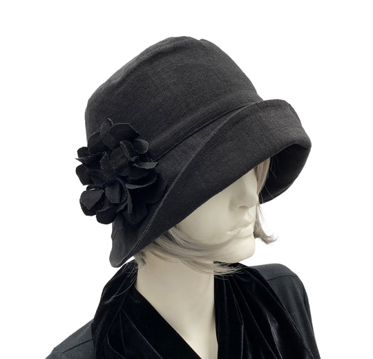 Cloche Hat Women, Lightweight Winter in Linen With Hydrangea Flower Brooch, Handmade, 60Th Birthday Gifts