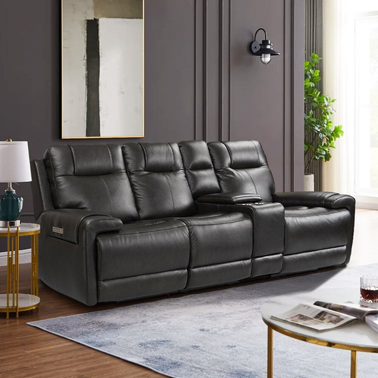 107" Wide Genuine Leather 3-seat Recliner Sofa Reclining Sofa Couches for Living Room with Storage Console, Adjustable Headrest