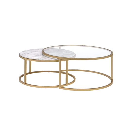 Metal Framed Nesting Coffee Tables with Glass and Marble Tops, Set of Two, Gold