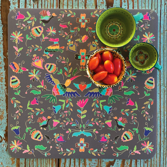 Large Table Mats For Everyday, Dark Gray Colorful Ethnic Set Of 4 Or 6 Square Mexican Placemats, Washable Linen