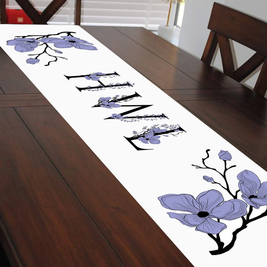 White Table Clothes, Monogram Runner, Personalized Tablecloth With Purple Flowers
