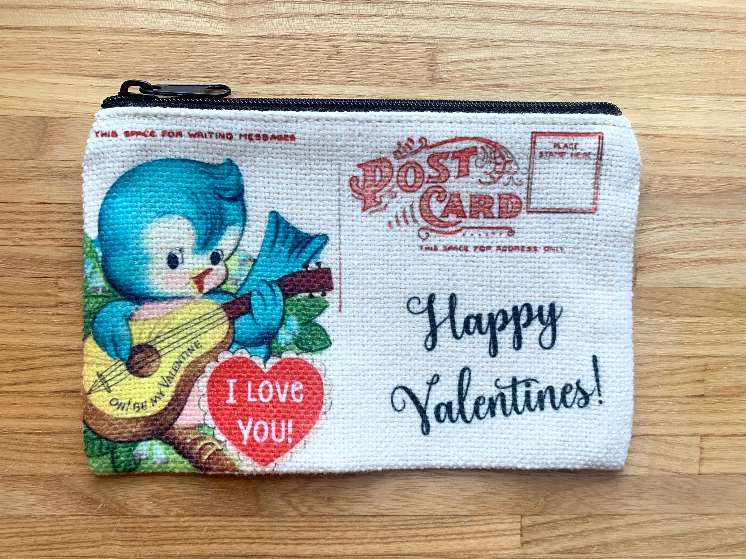 Vintage Valentine Change Purse, Pencil Case, Make Up Bag, Zippered Pouch, Retro Style, Anthropomorphic, Blue Bird