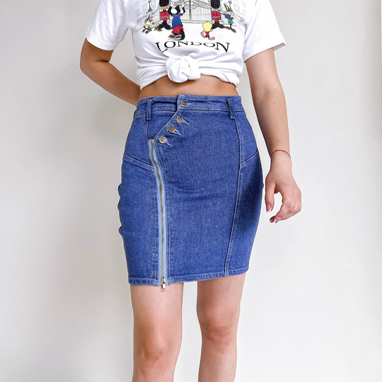 Vintage 90S Front Zip Mini Denim Pencil Skirt Xs