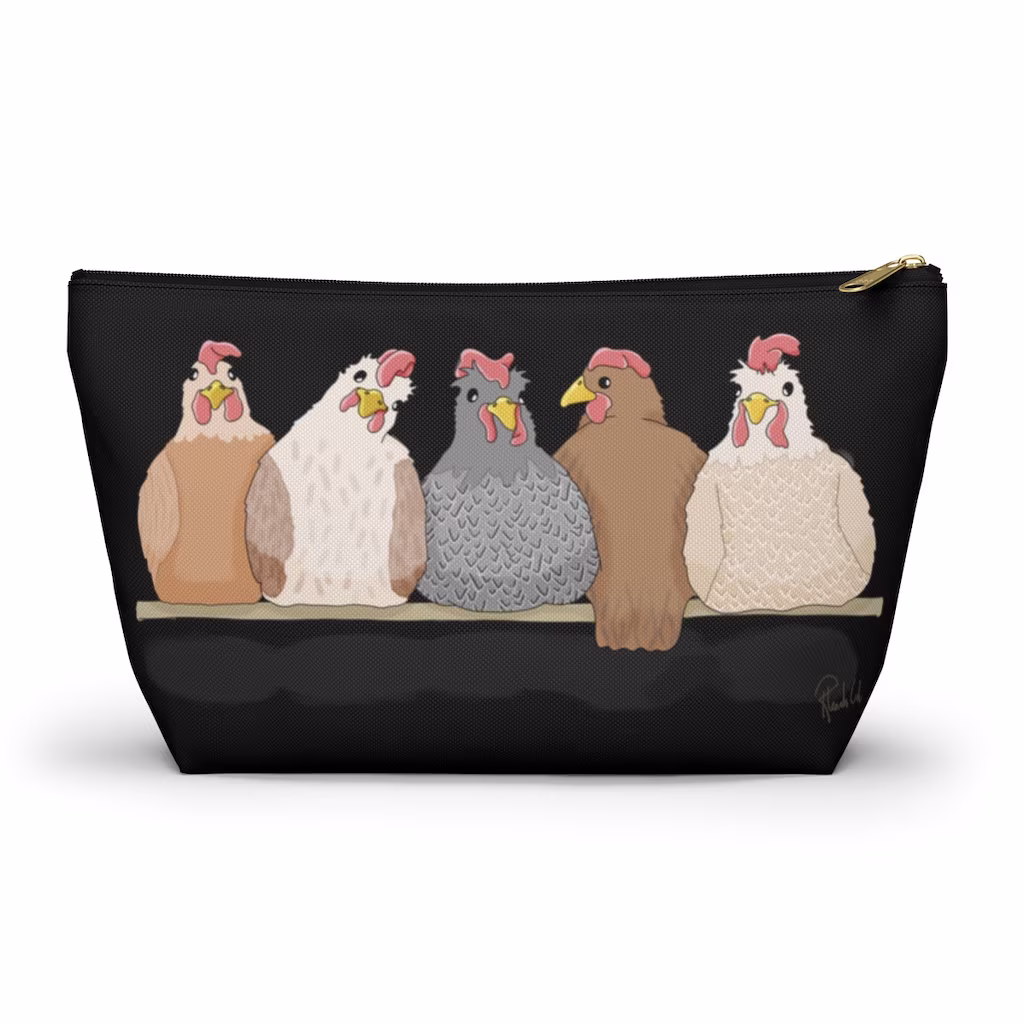 Chicken Zipper Pouch, Bag, Makeup Bag, Pencil Travel Organizer | Black Background