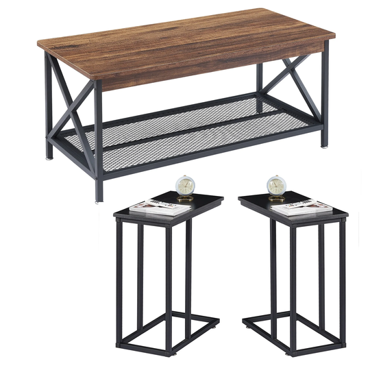 3-pieces Living Room Set Brown Coffee Table and C End Tables Set of 2