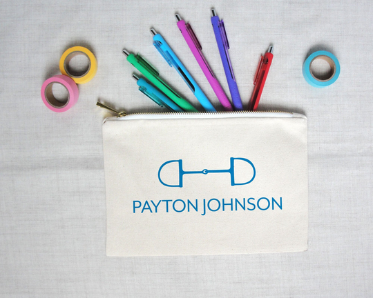Simple Snaffle Bit Equestrian Personalized Pencil Pouch, Canvas Zippered Travel Pouch Or Cosmetic Bag, Custom Colors