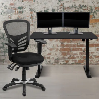 48" Wide Black Electric Height Adjustable Standing Desk With Black Mesh Multifunction Executive Swivel Ergonomic Office Chair