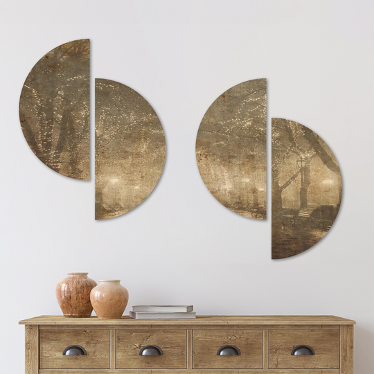 Designart 'Couple Walking in Night Lights' Landscape Wood Wall Art Set of 4 Half Circles - Multi-Color