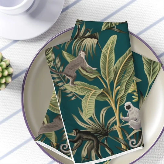 Chinoiserie Home Decor Tropical Table Napkins Oriental Dinner Napkins Set Of 4 Dark Green Kitchen Jungle Table Decoration Palm Trees
