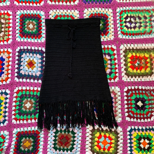 Black Knit Fringe Skirt - Vintage 90S Boho Hippie Midi With & Drawstring Size Xs To Small