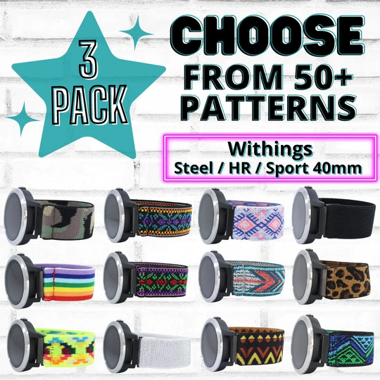 3 Pack - Elastic Watch Bands For Withings Steel Hr 40mm/Sport Includes 18mm Adapters Choose Your Patterns 50+ Color Options Bundle