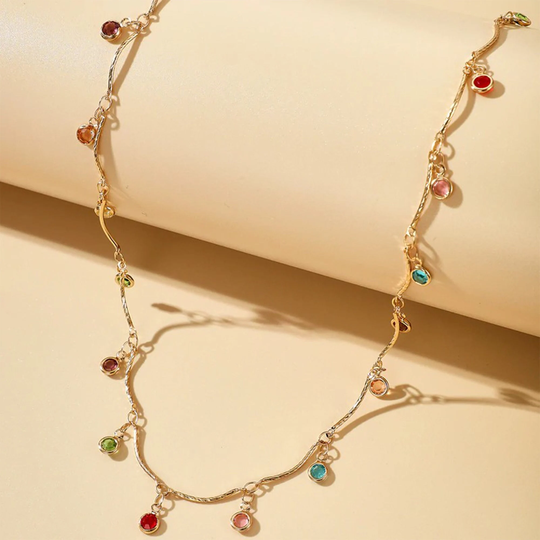 Rainbow Color Necklace, Colorful Gem Gemstone Crystal Dainty Gold Gift For Her