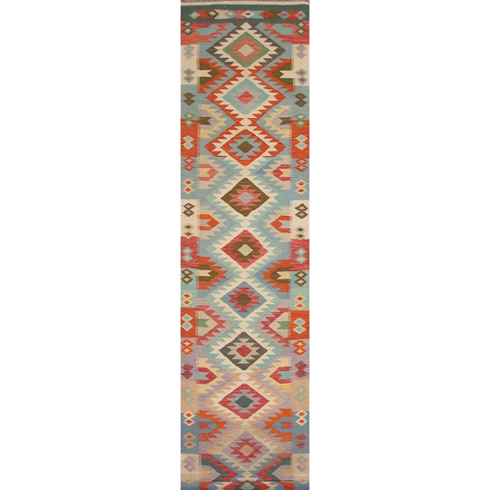 Colorful Geometric Kilim L Runner Rug Flat-weave Oriental Wool Carpet - 2'8"x 16'1"