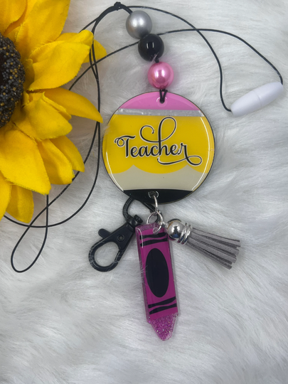 Pencil Look With Teacher Word Or Name & Hanging Crayon Lanyard-Teacher/Educator Lanyard-Personalized Lanyard For School