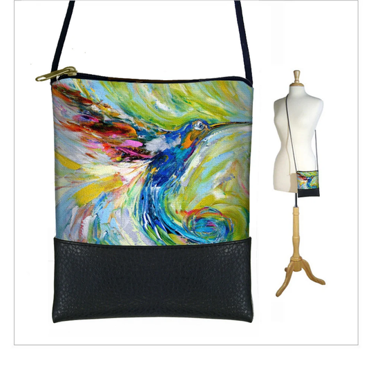 Kt Hummingbird Small Crossbody Bag, Bird Lover Cell Phone Purse, Mini Shoulder Bag, Gift, Impressionism Art Blue Green Rts