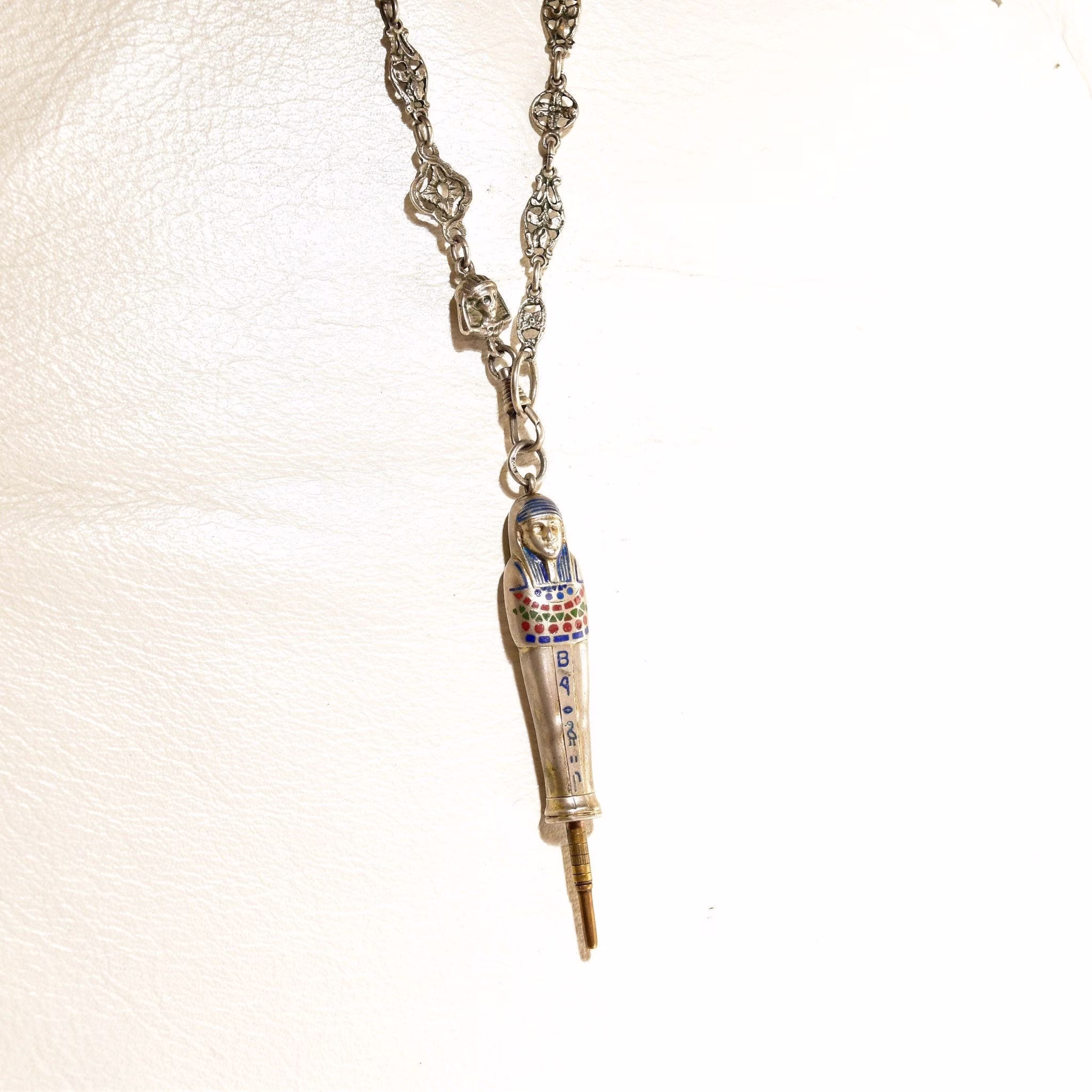 Egyptian Revival Mummy Mechanical Pencil with Matching Chain, Enameled Sterling Silver Pendant Necklace, 37 1/4" L