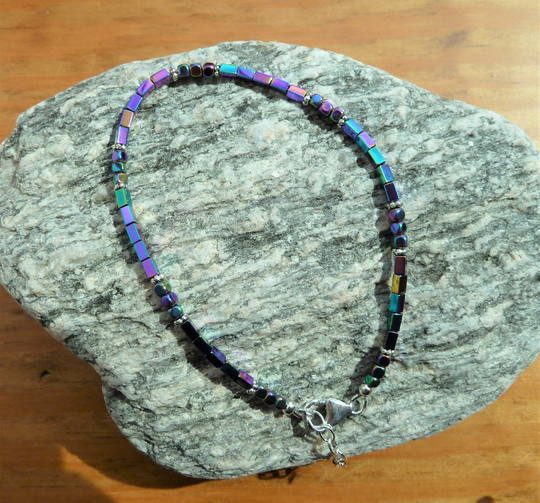 Blue Purple Green Rainbow Hematite Anklet, Adjustable Size, Multiple Size Ranges Available