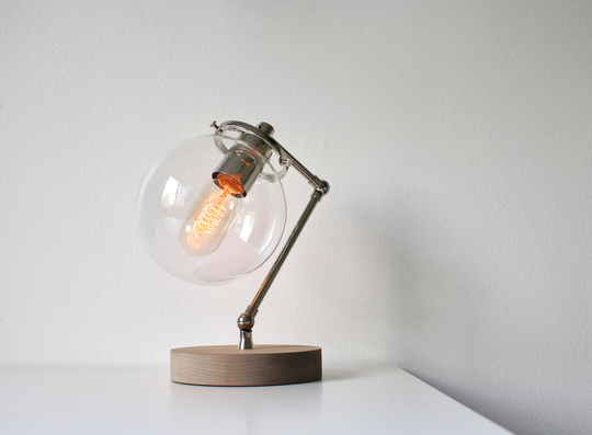 Table Lamp, Bubble Globe Desk Nickel With Wood Base, Back To School Dorm Room Decor, Industrial Chrome Office Lighting Fixture