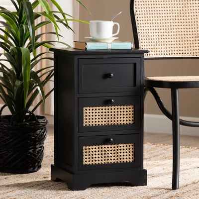 Mid-Century Modern Transitional Espresso Brown Finished Wood And Rattan 3-Drawer Storage Cabinet