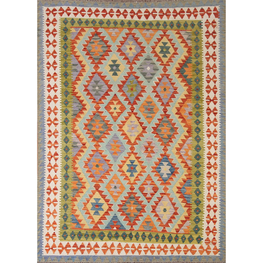 Multi-Color Kilim Reversible Area Rug Flatweave Wool Carpet - 5'11"x7'10"