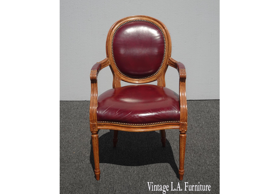 Vintage French Provincial Burgundy Leather Accent Chair With Decorative Nails