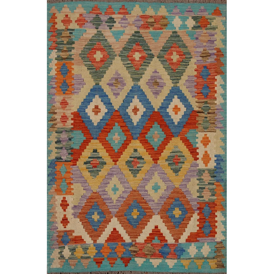 Multi-Color Geometric Kilim Area Rug Hand-woven Wool Foyer Carpet - 3'5" x 4'11"
