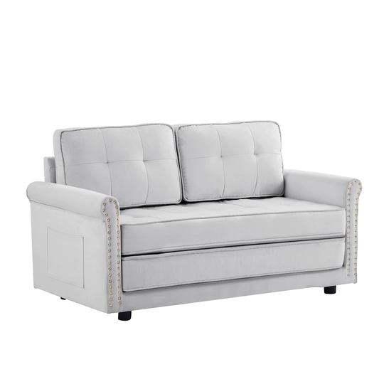 Elegant Folding Futon Sofa Bed Sleeper Sofa with Nailhead Arms and 2 Handy Pockets