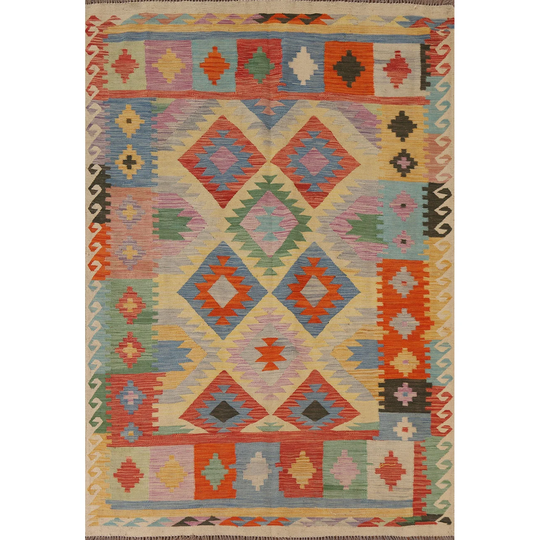 Multi-Color Reversible Kilim Rug Flat-weave Oriental Wool Carpet - 5'1"x 7'1"