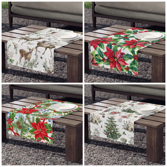 Christmas Table Runner, Decor, Xmas Deer Runner, Holiday Red Floral Poinsettia Centerpiece