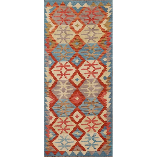 Colorful Kilim Oriental Area Rug Flat-weave Wool Foyer Carpet - 2'8" x 6'5"