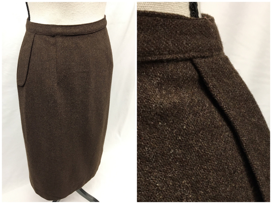 1960S Xs Brown Wool Tweed Pencil Skirt With Side Pockets, Back Vent & Zipper, Fritzi California, 26" Waist
