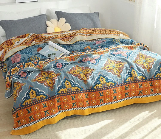 Large Bohemian Colorful Blue Woven Sofa Throw Blanket. 100% Cotton Boho Blanket Throw Bedding Lining Bedspread King Sz Gift For Home