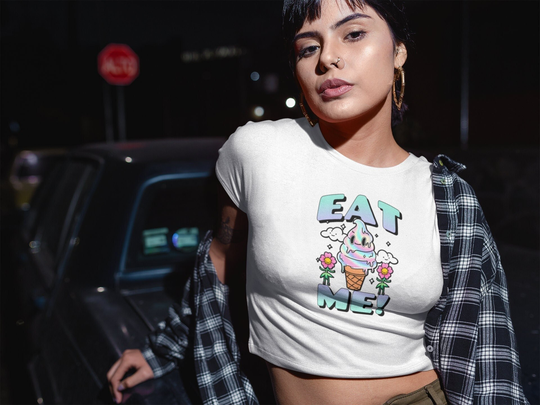 Eat Me Ice Cream Colorful Graphic Champion Women's Heritage Cropped T-Shirt, Gift For Her, Y2K, Streetwear, Cotton Crop Top Tee