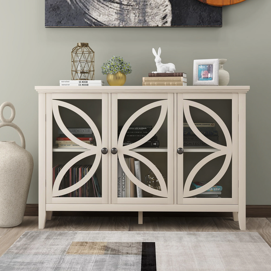 CTEX Modern Solid Pine Wood Storage Cabinet with Adjustable Shelf and 3 Glass Doors
