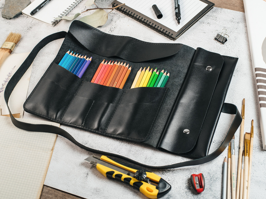 Leather Make Up Organizer, Pencil & Paint Brush Roll, Mens Craft Tool Storage, Custom Artist Gift, Wrap Pen Pouch, Black School Supplies