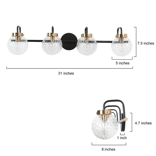Ofir Modern 4-Light Black Gold Bathroom Vanity Lights Globe Glass Wall Lighting - 31" L x 8" W x 7.5" H