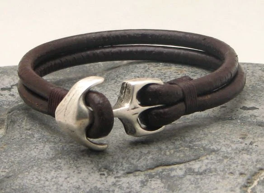 Christmas Gift Anchor Bracelet . Brown Leather With Silver Plated Clasp. Gift For Him. Boyfriend. Xmas Men