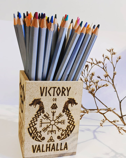 Wood Pencil Holder, Viking Pen Decorative Desk Storage, Decoration, Design, Laser Engraved, Gift