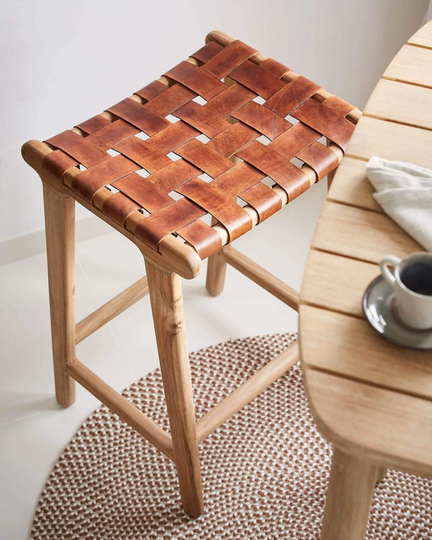 stool Chair in Wood & Braided Leather From Morocco Woven Moroccan Wood Chair Make To Order