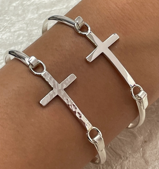 Sterling Silver Medium Slim Cross Bangle Bracelets, Christian Jewelry, Hammered Finish, Smooth Two Style Bangles To Choose From