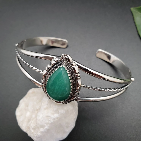 Dainty Green Aventurine Cuff Bracelet | Sterling Silver Teardrop Healing Southwest Made in Usa