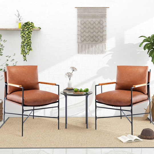 Minimalism Modern Metal Frame Faux Leather Living Room Chair Porch Chair Accent Chair with Backrest and Seat Cushion