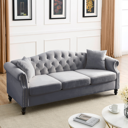 79" Elegant Chesterfield Sofa 3 Seater Sofa Tufted Couch with Rolled Arms and Nailhead for Living Room, Bedroom, Apartment