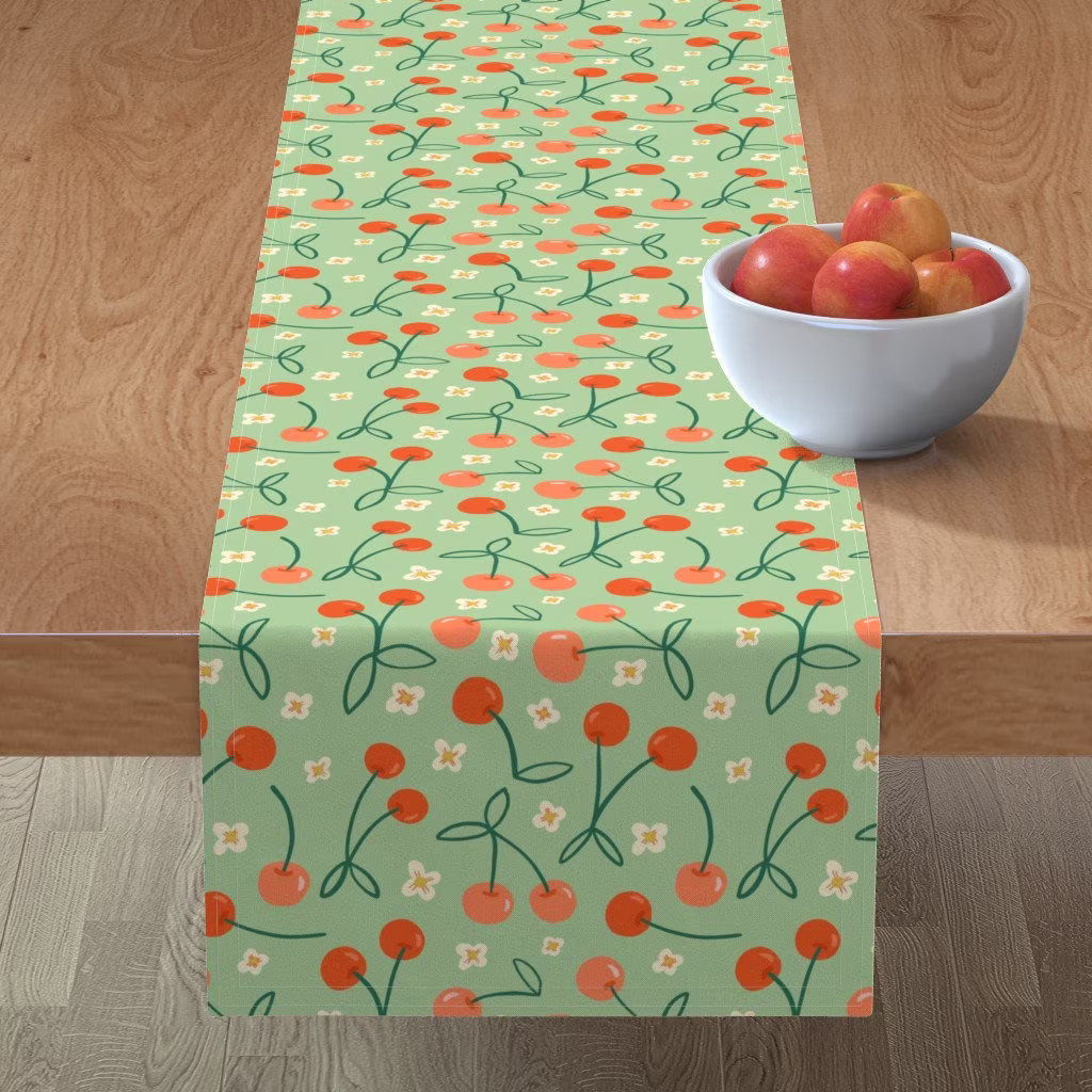 Retro Cherries Table Runner - Tossed By Jilly Jack Designs Midcentury Mod Summer Fruit Cotton Sateen Spoonflower