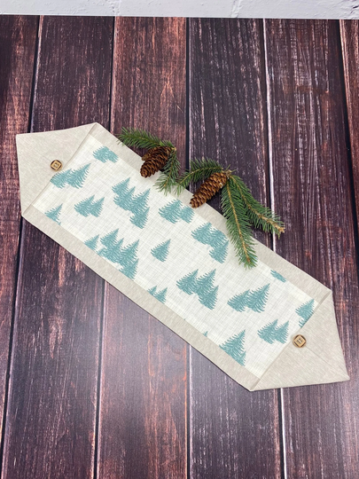 Neutral Winter Tree Mini Table Runner/Rustic Farmhouse Christmas Decoration Cream & Green Decorating
