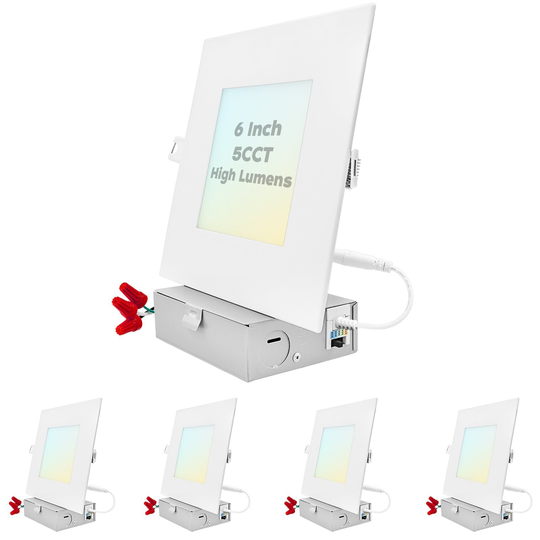 Luxrite 6 Inch Ultra Thin LED Recessed Light J-Box, 15W, 5 Color Selectable, 1400 Lumens, Dimmable, Wet Rated 4 Pack